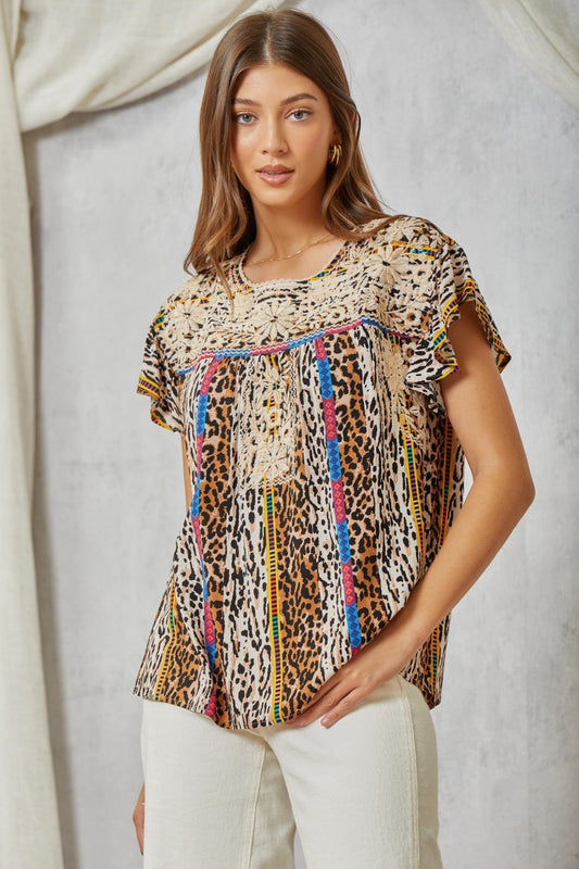Mocha Leopard Print Embroidered Top