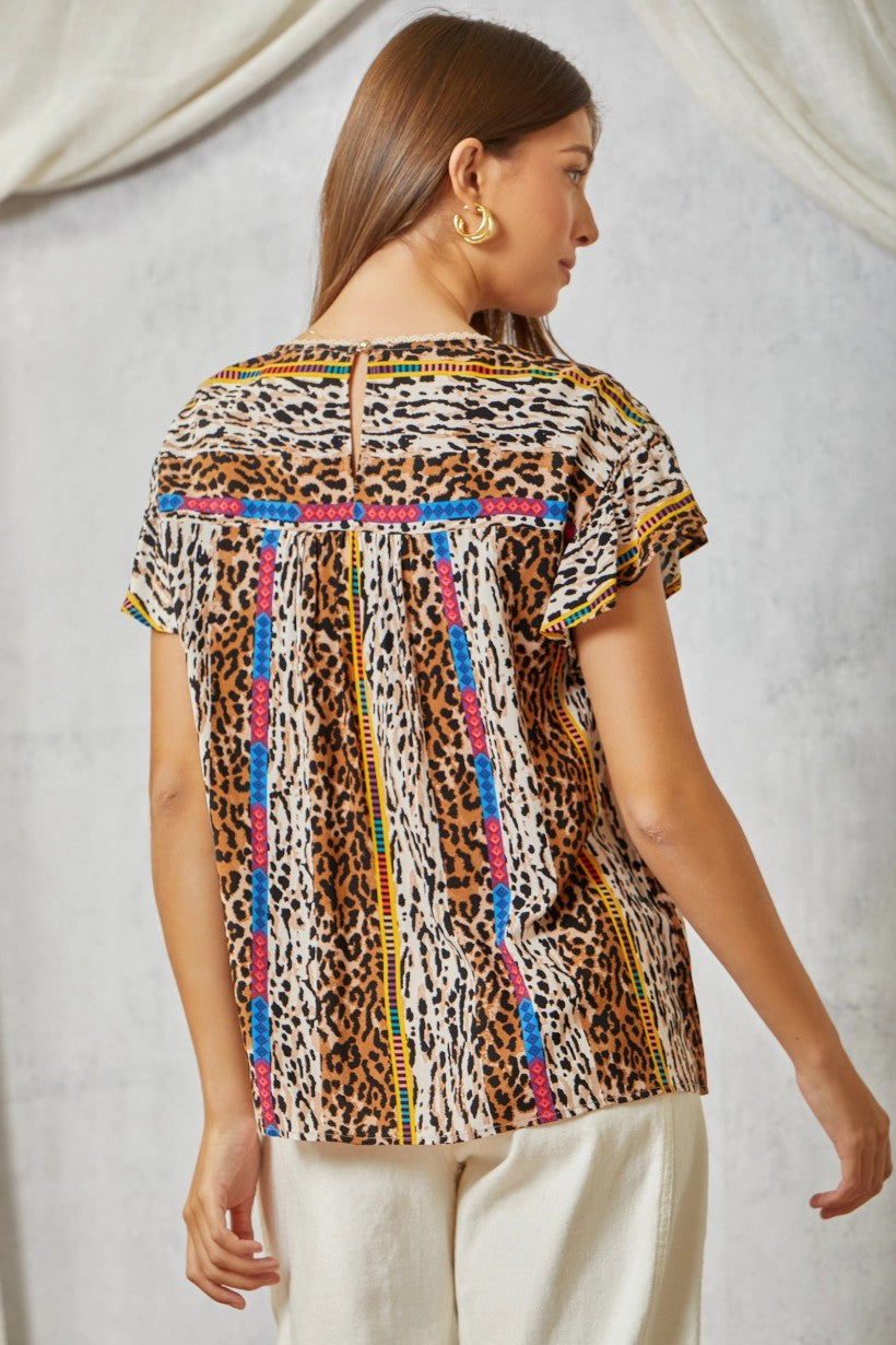 Mocha Leopard Print Embroidered Top