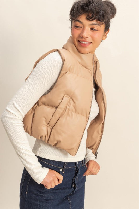 Dark Taupe Faux Leather Puffer Vest