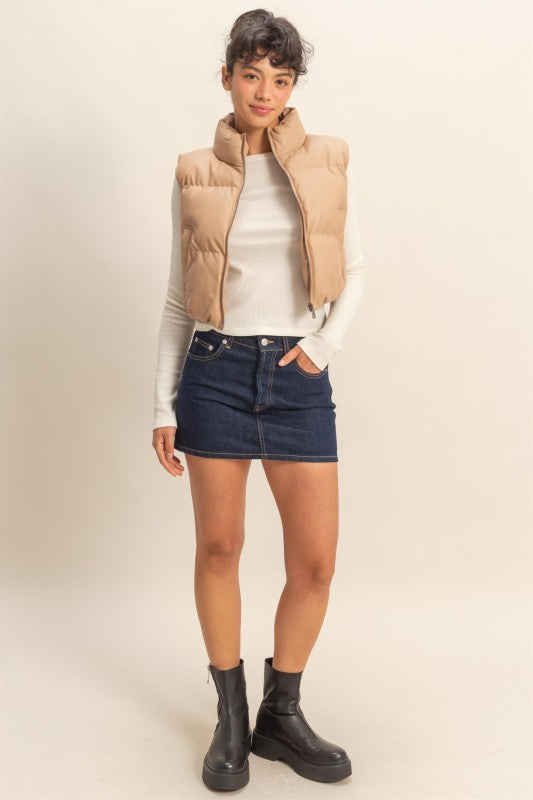 Dark Taupe Faux Leather Puffer Vest