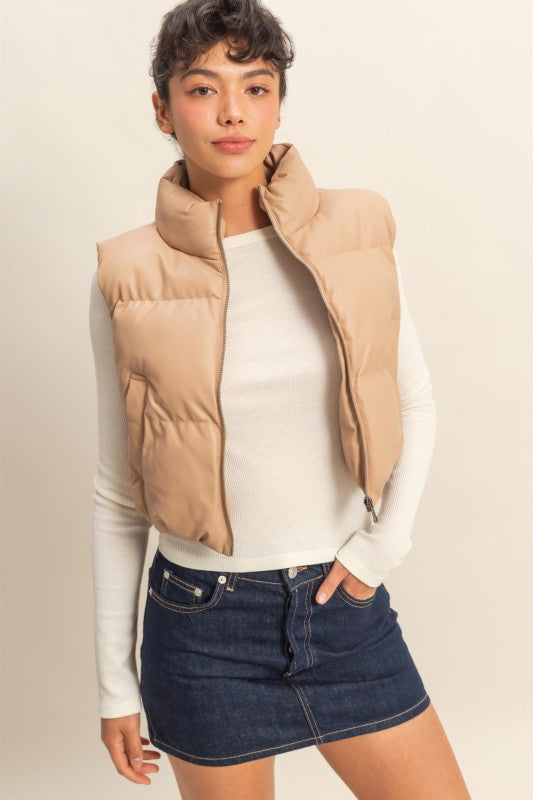 Dark Taupe Faux Leather Puffer Vest