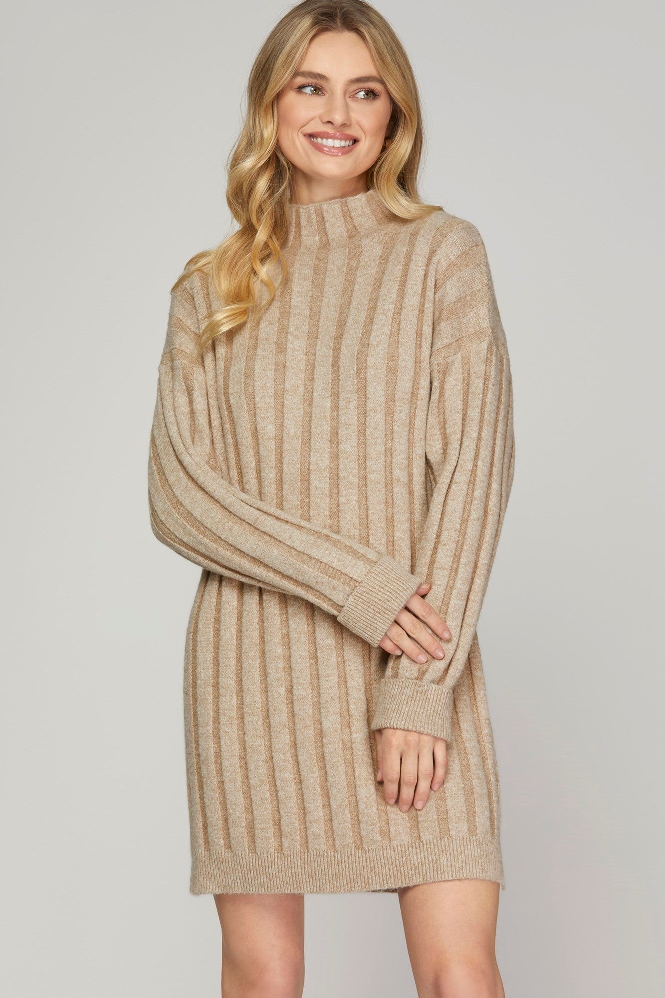 taupe sweater dress Cable Knit Mini with Long Sleeves 3% Spandex Imported Model is wearing a size SmallModels Profile Women's Taupe Knit Turtleneck Midi