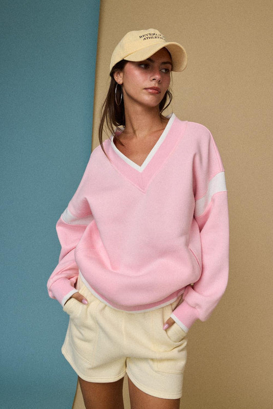 Pink Oversized Varsity V-Neck Pullover