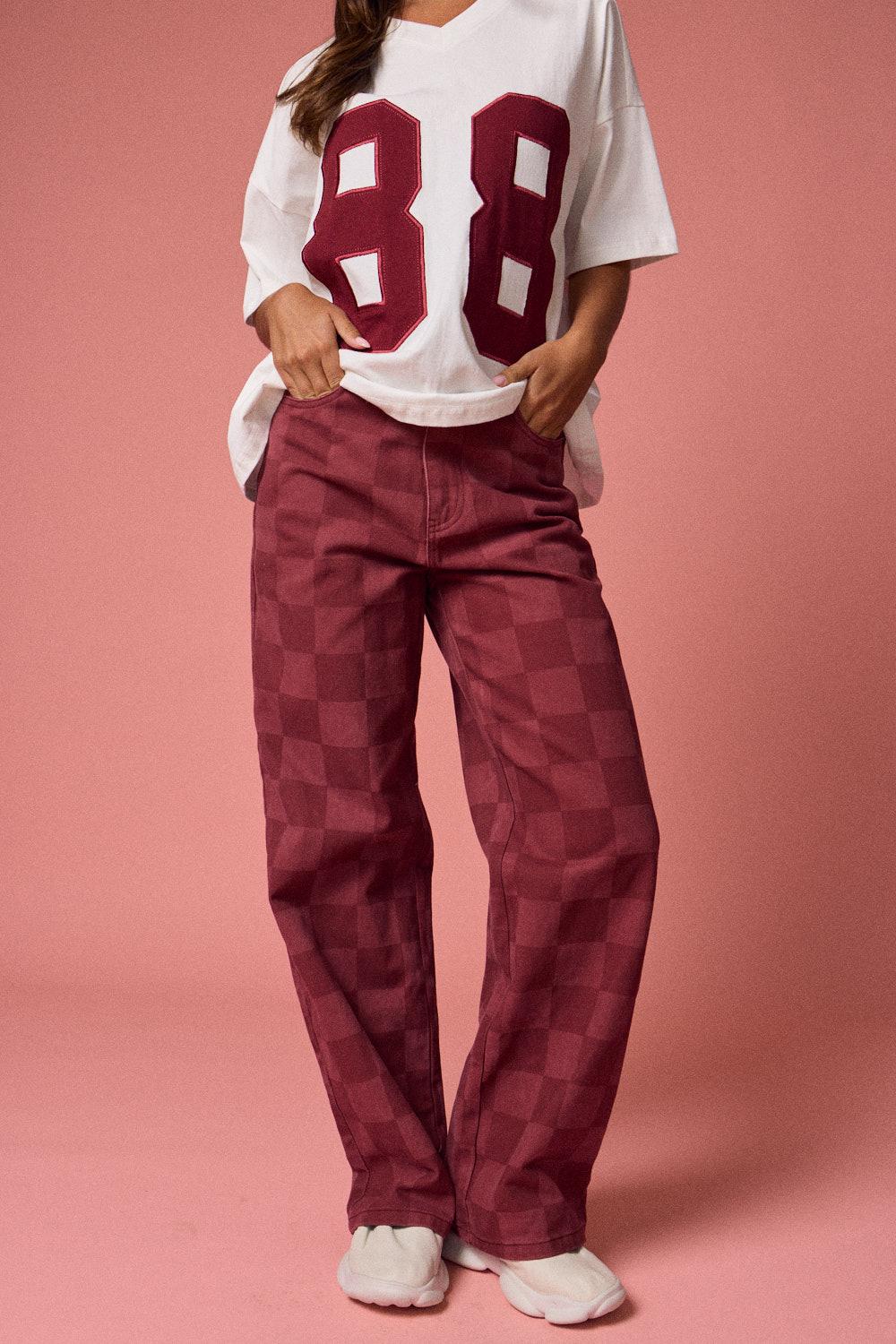 Burgundy Checkered Wide Leg Pant