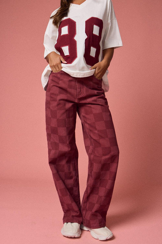 Burgundy Checkered Wide Leg Pant