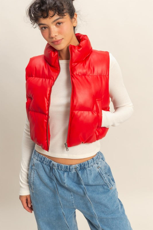 Red Faux Leather Puffer Vest