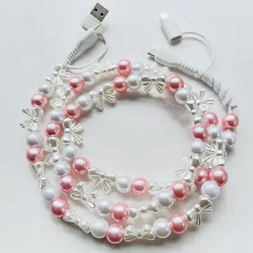 Pink & White Pearl & Bow Charging Cable