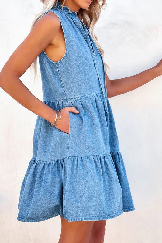 Pocketed Tiered Denim Dress