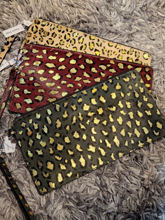Leather Burgundy & Gold Leopard Print Clutch