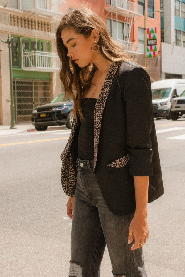 Leopard Trim Blazer - Black