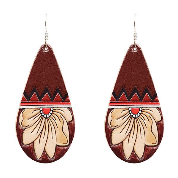 Tooled Leather Earrings - Brown & Red