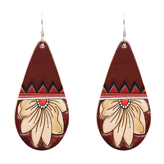 Tooled Leather Earrings - Brown & Red