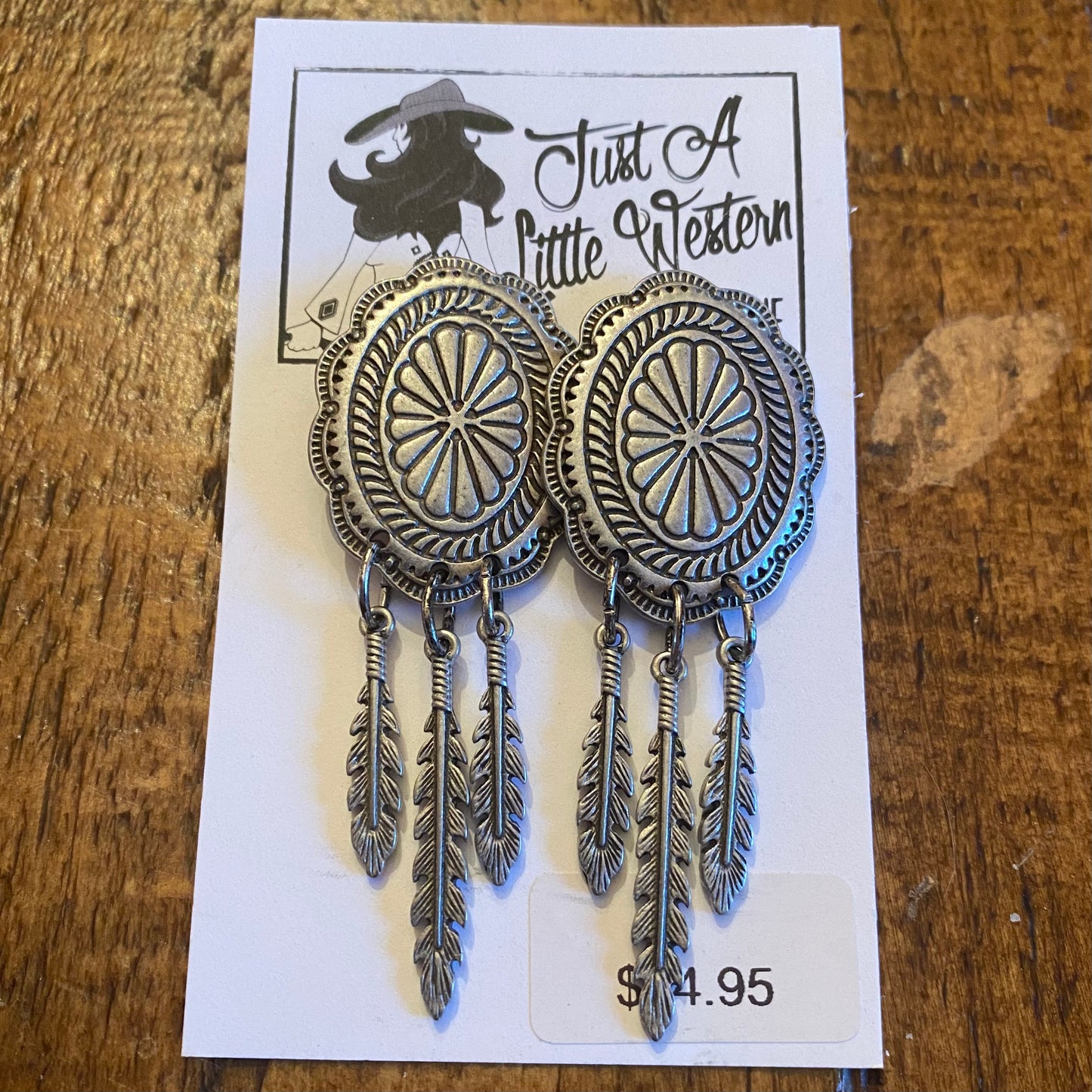 Concho Post Earrings with Feathers