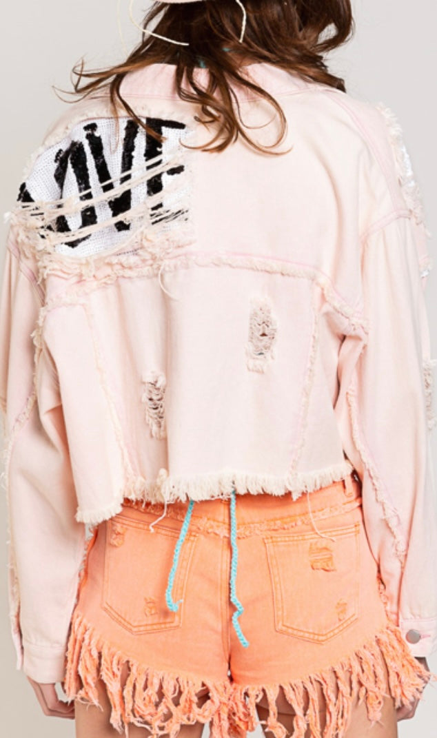 Distressed Denim Jacket in Candy Pink