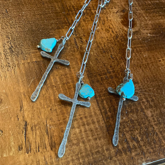 Turquoise & Silver Cross Chain Necklace