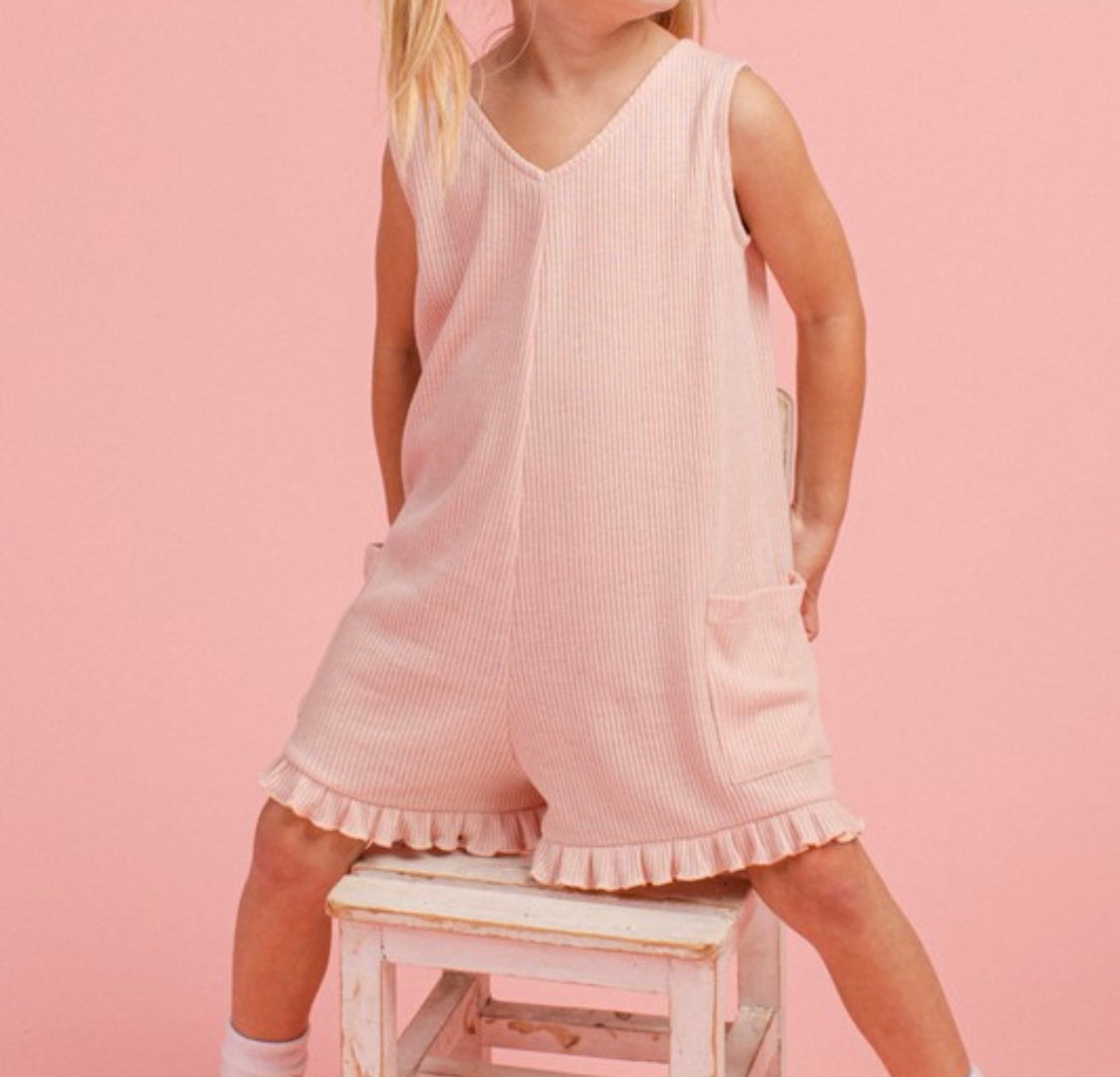 Girls Blush Ribbed Ruffle Romper