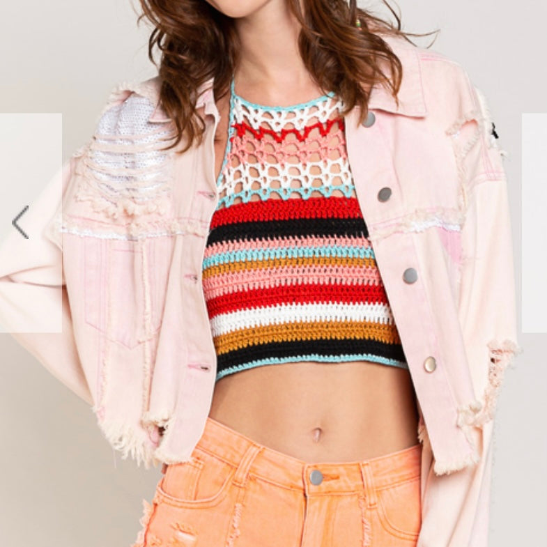 Distressed Denim Jacket in Candy Pink