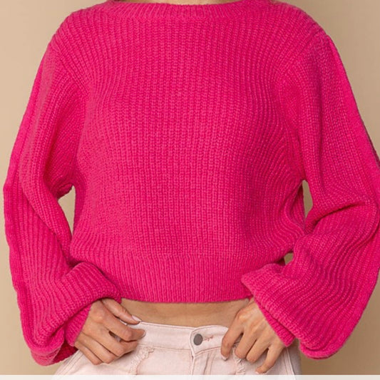 Slouchy Cropped Knit Sweater in Hot Pink